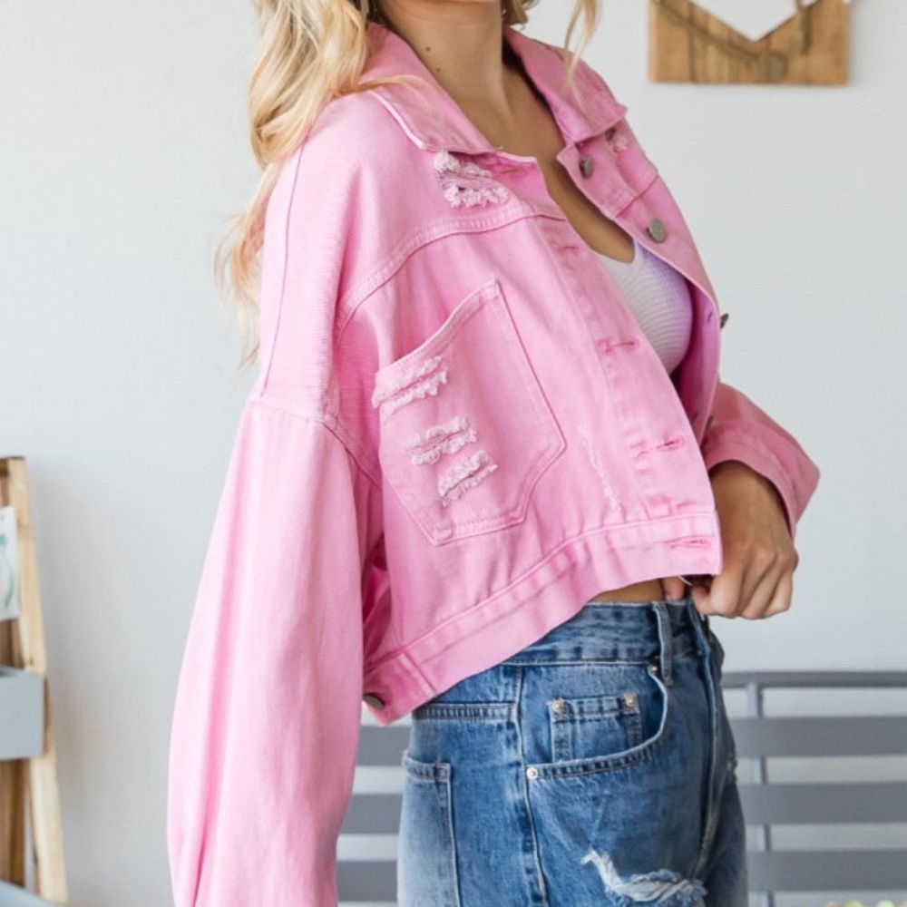 Pink Distressed Denim Jacket - Picture 3 of 7